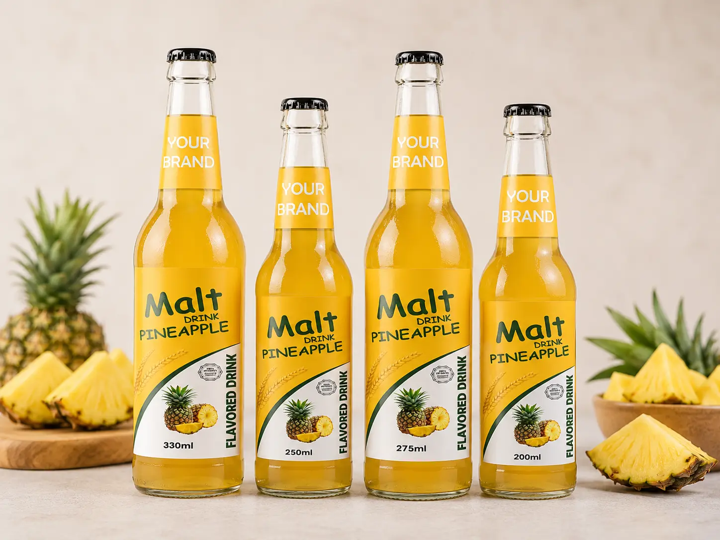 MALT DRINK Pineapple flavour in 330ml, 250ml, 275ml, and 200ml glass bottles.